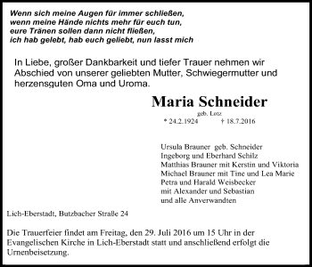 Traueranzeige von Maria Schneider von Licher Wochenblatt, Licher Wochenblatt, Licher Wochenblatt