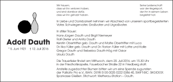 Traueranzeige von Adolf Dauth von Wetterauer Zeitung, Wetterauer Zeitung