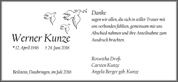 Traueranzeige von Werner Kunze von Gießener Allgemeine, Alsfelder Allgemeine