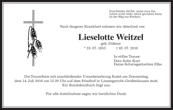 Traueranzeige von Lieselotte Weitzel von Wetterauer Zeitung, Wetterauer Zeitung