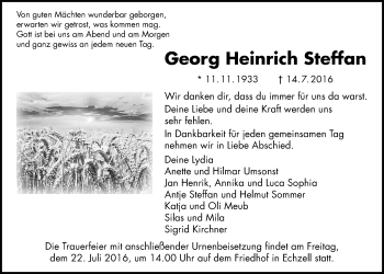 Traueranzeige von Georg Heinrich Steffan von Wetterauer Zeitung, Wetterauer Zeitung