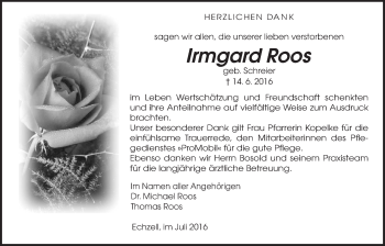 Traueranzeige von Irmgard Roos von Wetterauer Zeitung, Wetterauer Zeitung