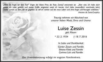 Traueranzeige von Luise Zessin von Gießener Allgemeine, Alsfelder Allgemeine