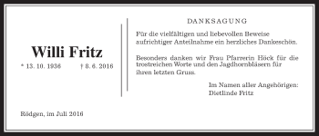 Traueranzeige von Willi Fritz von Wetterauer Zeitung, Wetterauer Zeitung