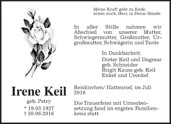 Traueranzeige von Irene Keil von Gießener Allgemeine, Alsfelder Allgemeine