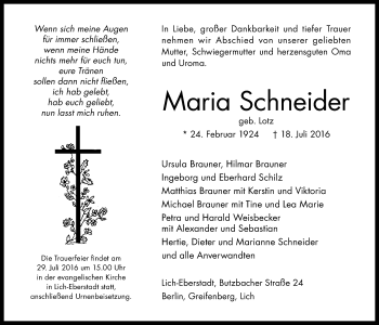 Traueranzeige von Maria Schneider von Licher Wochenblatt, Licher Wochenblatt, Licher Wochenblatt