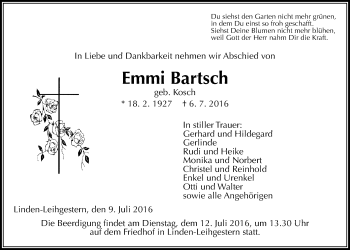 Traueranzeige von Emmi Bartsch von Gießener Allgemeine, Alsfelder Allgemeine