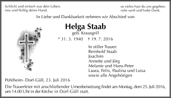 Traueranzeige von Helga Staab von Gießener Allgemeine, Alsfelder Allgemeine