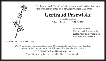 Traueranzeige von Gertraud Przewloka von Gießener Allgemeine, Alsfelder Allgemeine