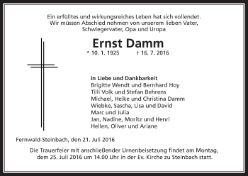 Traueranzeige von Ernst Damm von Gießener Allgemeine, Alsfelder Allgemeine