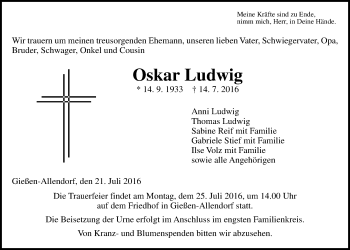 Traueranzeige von Oskar Ludwig von Gießener Allgemeine, Alsfelder Allgemeine