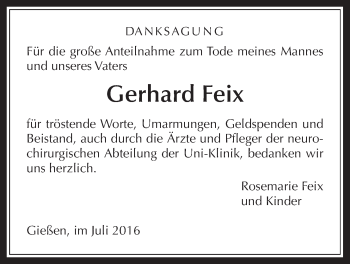Traueranzeige von Gerhard Feix von Gießener Allgemeine, Alsfelder Allgemeine