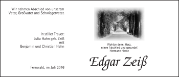 Traueranzeige von Edgar Zeiß von Gießener Allgemeine, Alsfelder Allgemeine, Wetterauer Zeitung, Wetterauer Zeitung, Gießener Allgemeine, Alsfelder Allgemeine