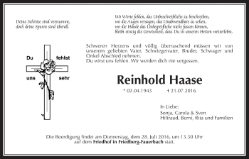 Traueranzeige von Reinhold Haase von Wetterauer Zeitung, Wetterauer Zeitung