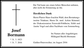 Traueranzeige von Josef Bormann von Gießener Allgemeine, Alsfelder Allgemeine