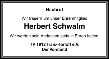 Traueranzeige von Herbert Schwalm von Licher Wochenblatt, Licher Wochenblatt, Licher Wochenblatt