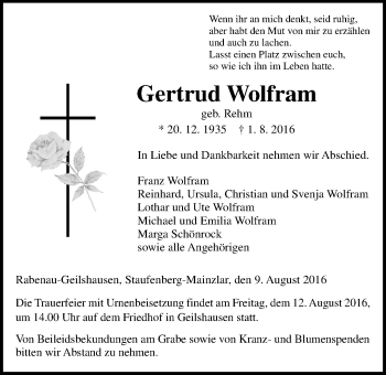 Traueranzeige von Gertrud Wolfram von Gießener Allgemeine, Alsfelder Allgemeine