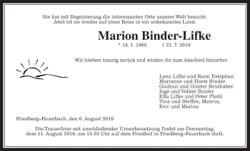 Traueranzeige von Marion Binder-Lifke von Wetterauer Zeitung, Wetterauer Zeitung