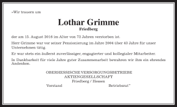 Traueranzeige von Lothar Grimme von Wetterauer Zeitung, Wetterauer Zeitung