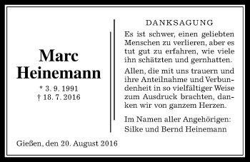 Traueranzeige von Marc Heinemann von Gießener Allgemeine, Alsfelder Allgemeine