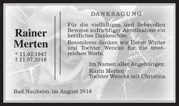 Traueranzeige von Rainer Merten von Wetterauer Zeitung, Wetterauer Zeitung