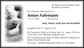 Traueranzeige von Anton Fuhrmann von Licher Wochenblatt, Licher Wochenblatt, Licher Wochenblatt