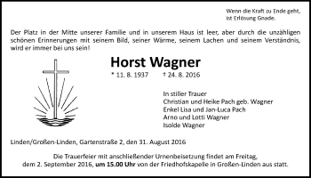 Traueranzeige von Horst Wagner von Gießener Allgemeine, Alsfelder Allgemeine