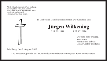 Traueranzeige von Jürgen Wilkening von Wetterauer Zeitung, Wetterauer Zeitung