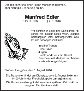Traueranzeige von Manfred Edler von Gießener Allgemeine, Alsfelder Allgemeine