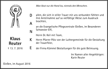 Traueranzeige von Klaus Reuter von Gießener Allgemeine, Alsfelder Allgemeine
