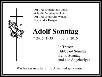 Traueranzeige von Adolf Sonntag von Gießener Allgemeine, Alsfelder Allgemeine