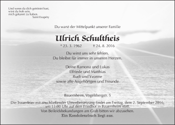 Traueranzeige von Ulrich Schultheis von Wetterauer Zeitung, Wetterauer Zeitung