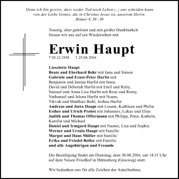 Traueranzeige von Erwin Haupt von Gießener Allgemeine, Alsfelder Allgemeine
