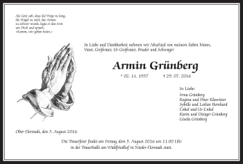 Traueranzeige von Armin Grünberg von Wetterauer Zeitung, Wetterauer Zeitung