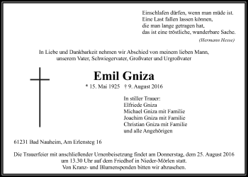 Traueranzeige von Emil Gniza von Wetterauer Zeitung, Wetterauer Zeitung