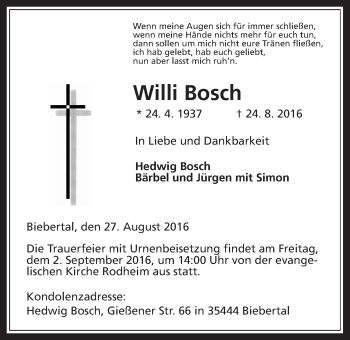 Traueranzeige von Willi Bosch von Gießener Allgemeine, Alsfelder Allgemeine