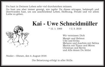 Traueranzeige von Kai-Uwe Schneidmüller von Alsfelder Allgemeine