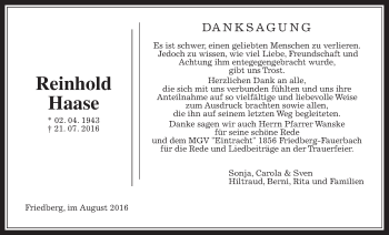 Traueranzeige von Reinhold Haase von Wetterauer Zeitung, Wetterauer Zeitung