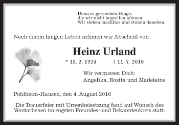 Traueranzeige von Heinz Urland von Pohlheimer Nachrichten