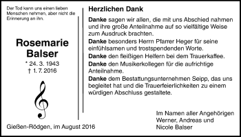 Traueranzeige von Rosemarie Balser von Gießener Allgemeine, Alsfelder Allgemeine