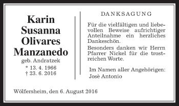 Traueranzeige von Karin Susanna Olivares Manzanedo von Wetterauer Zeitung, Wetterauer Zeitung