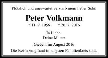 Traueranzeige von Peter Volkmann von Gießener Allgemeine, Alsfelder Allgemeine
