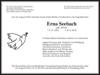 Traueranzeige von Erna Seebach von Wetterauer Zeitung, Wetterauer Zeitung