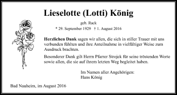 Traueranzeige von Lieselotte König von Wetterauer Zeitung, Wetterauer Zeitung