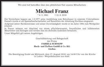 Traueranzeige von Michael Franz von Gießener Allgemeine, Alsfelder Allgemeine