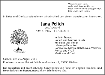 Traueranzeige von Jana Peilich von Gießener Allgemeine, Alsfelder Allgemeine