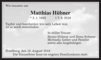Traueranzeige von Matthias Hübner von Wetterauer Zeitung, Wetterauer Zeitung
