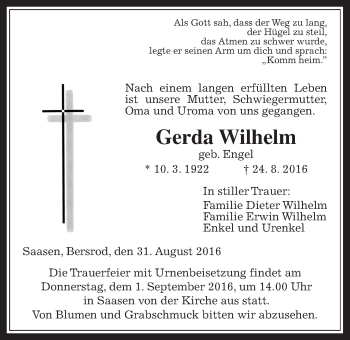 Traueranzeige von Gerda Wilhelm von Gießener Allgemeine, Alsfelder Allgemeine