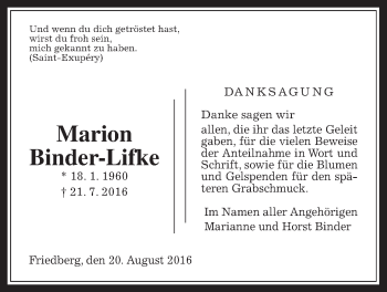Traueranzeige von Marion Binder-Lifke von Wetterauer Zeitung, Wetterauer Zeitung
