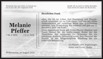 Traueranzeige von Melanie Pfeffer von Wetterauer Zeitung, Wetterauer Zeitung
